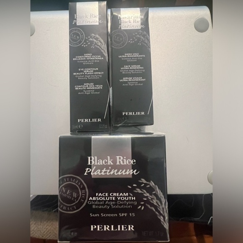 NIB Perlier Black Rice Platinum Face Cream and Serum Set of 3